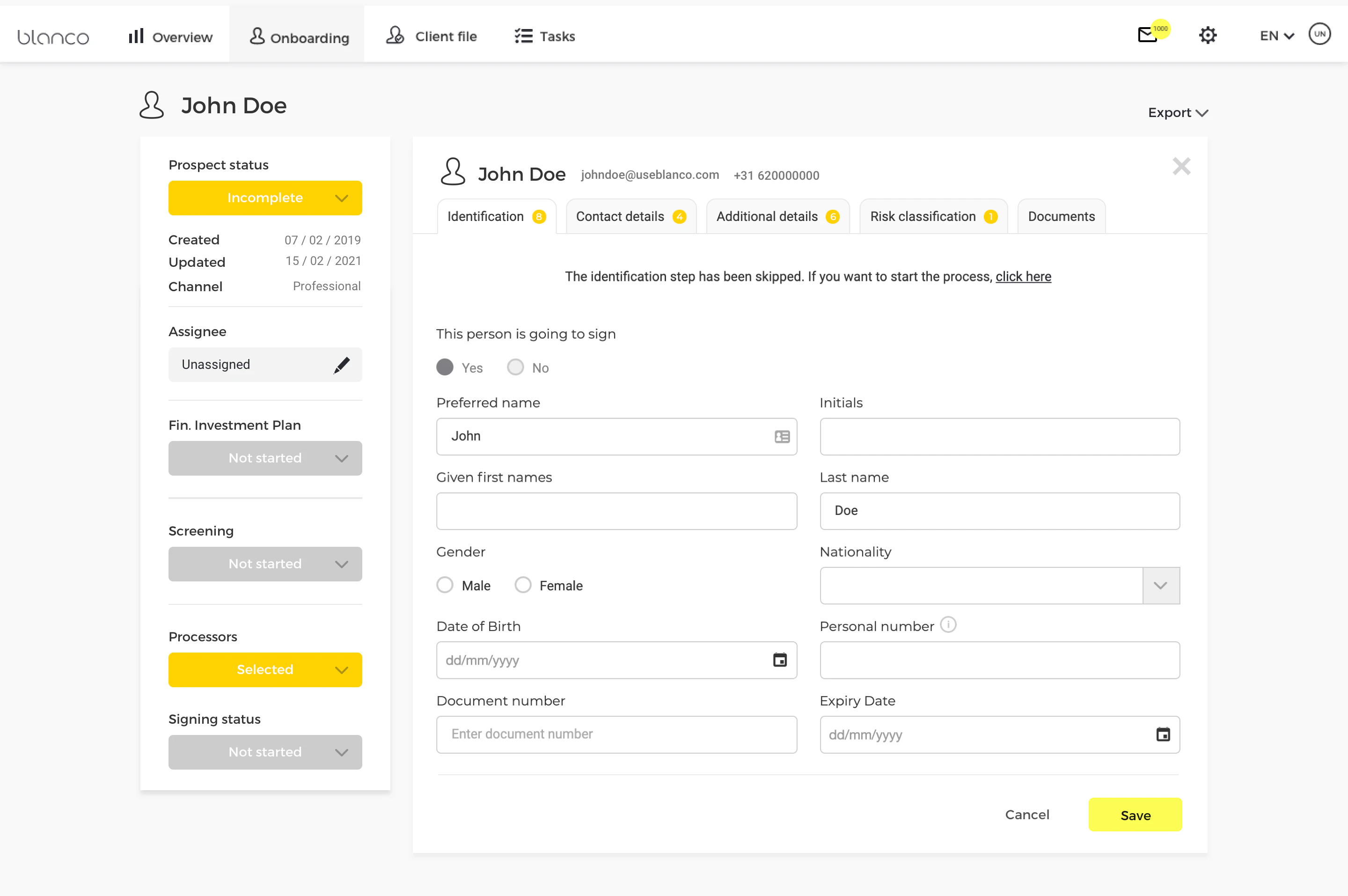 Limiting mandatory fields in the Client onboarding 1