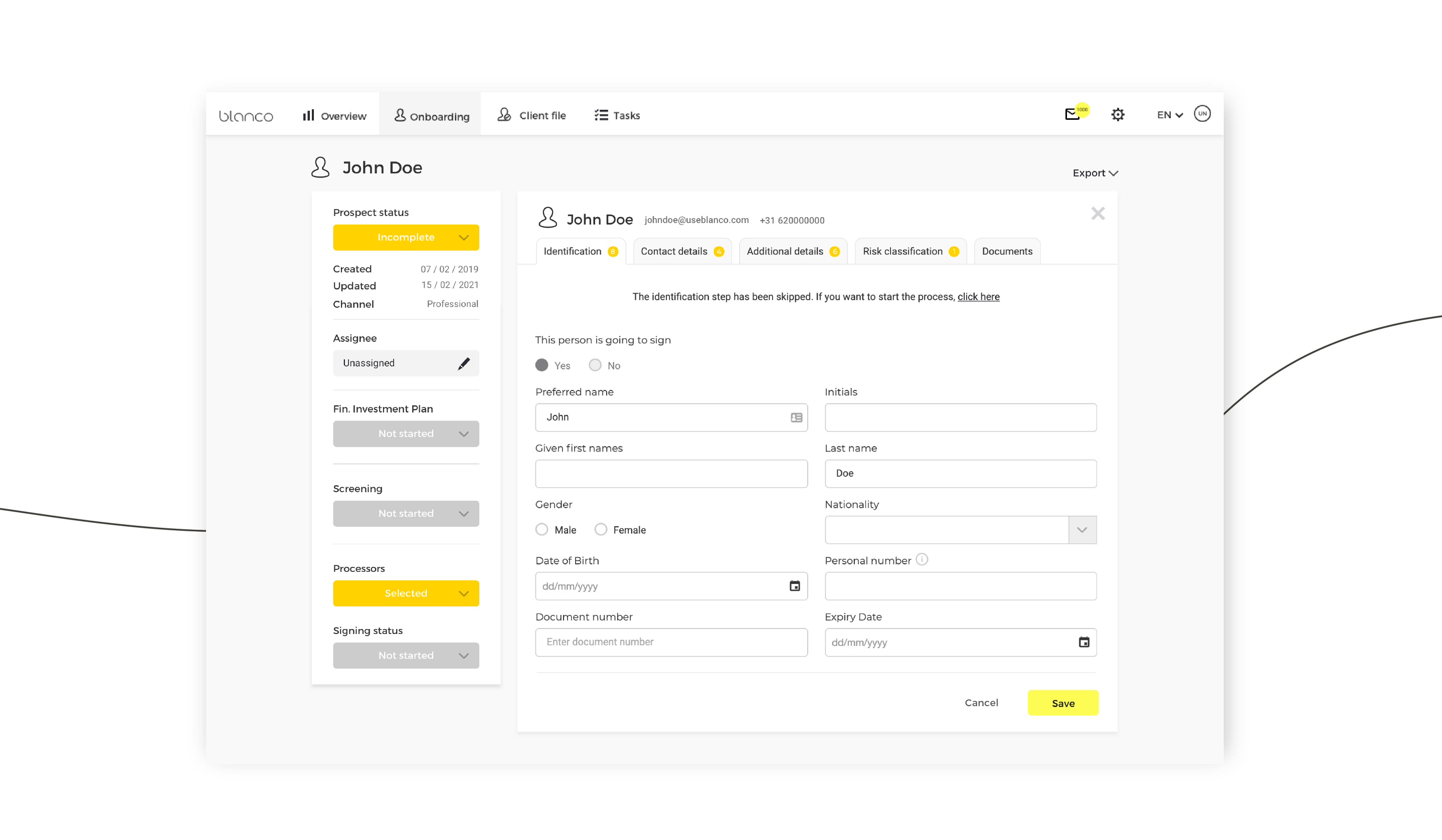 Limiting mandatory fields in the Client onboarding